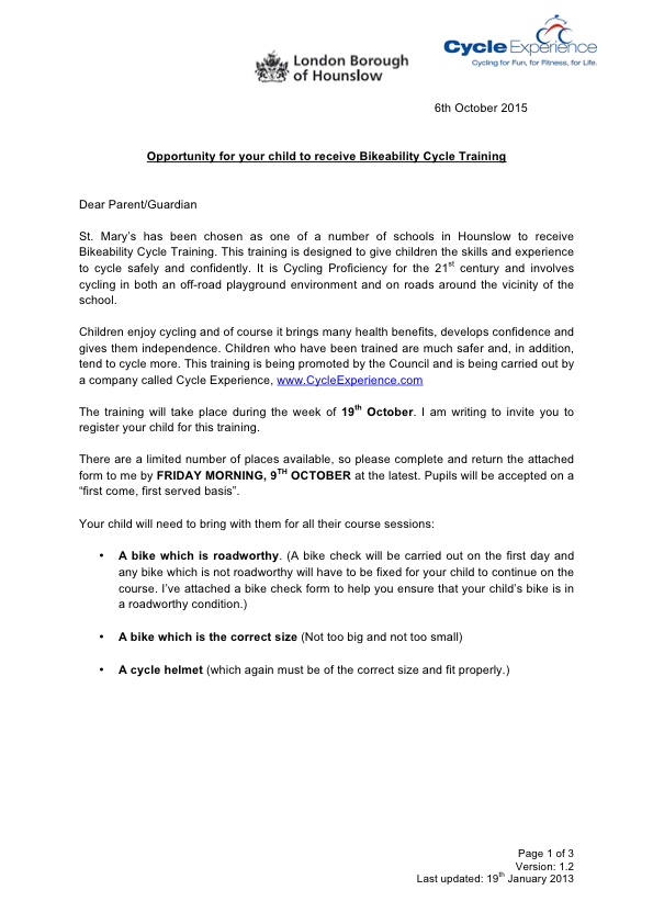 Bikeability letter to parents Oct 15